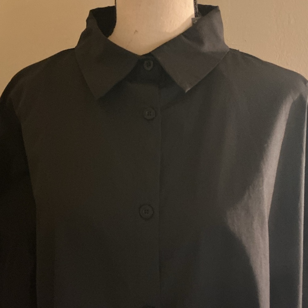 NWT Boohoo Black Oversized Button-Up Shirt Size 16 Ruched Drawstring Sleeve - Picture 5 of 10